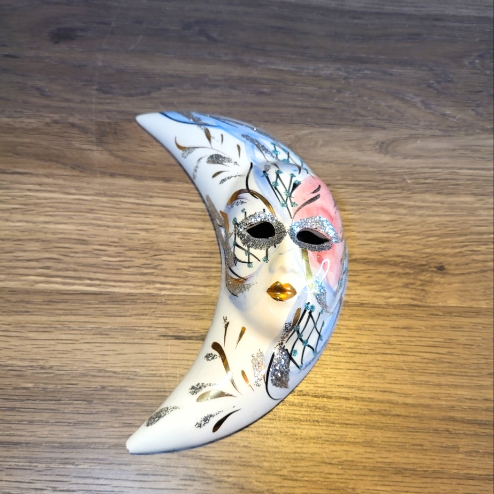 Crescent Moon Wall Art Celestial Face Mask Art Deco Ceramic Hand Paint